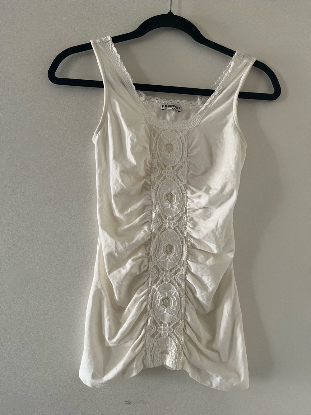Express Ivory White Lace Ruched Tank Top Small Romantic Cottagecore Dainty